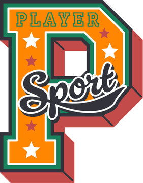 Varsity sport patch and players team label or college league badge, vector emblem. Varsity patch of letter P with stars for college or university soccer football, basketball and baseball sport club