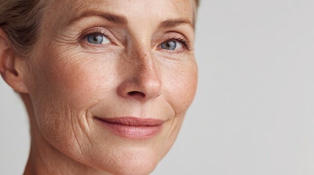 50s middle aged old woman looking at camera isolated on white background advertising dry skin care treatment anti age skincare beauty plastic surgery cosmetology procedures close up half face view no