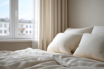 Soft pillows on neatly made bed, warm sunlight streaming through