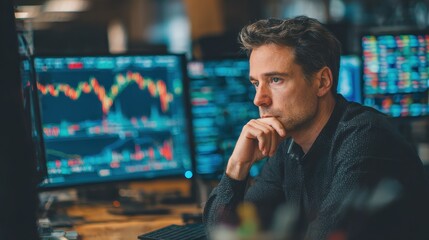 serious business man trader analyst looking at computer monitor investor broker analyzing indexes financial chart trading online investment data on cryptocurrency stock market graph on pc screen no l