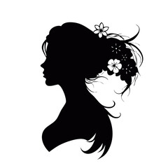 Elegant black silhouette of a woman with flowing hair and floral adornment