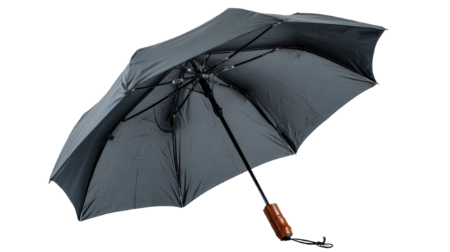 Black umbrella with wooden handle, isolated on white background.