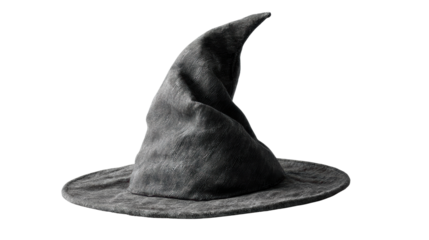 Classic black witch hat for Halloween, white isolated background.