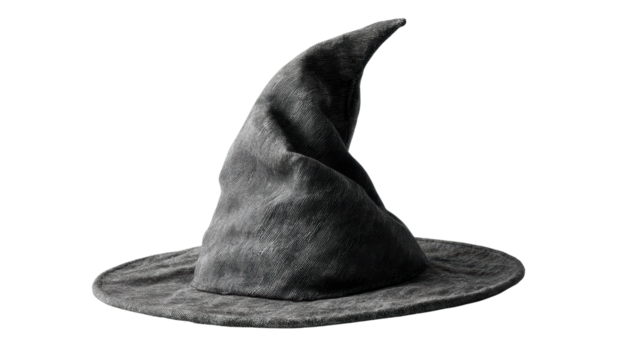 Classic black witch hat for Halloween, white isolated background.