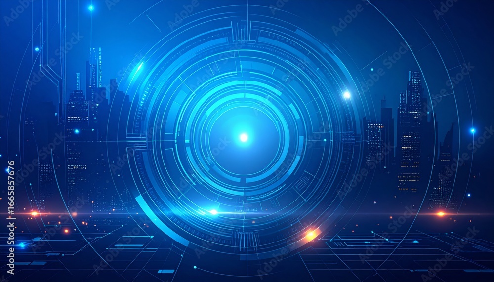 Poster futuristic digital technology pattern with a light blue circle design on a dark background