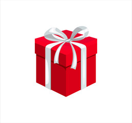 Red present box with silver ribbon and bow isolated on white background. Vector cartoon flat illustration. Gift icon.
