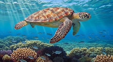 Obraz premium Sea Turtle in Coral Reef Underwater.