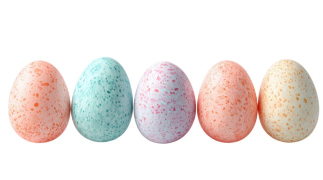 Colorful decorative eggs lined up, vibrant pastel colors, festive display, isolated on a white background.