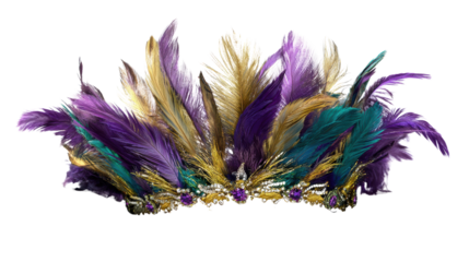 Colorful feather crown adorned with jewels, perfect for celebrations and cultural events, isolated on white background.