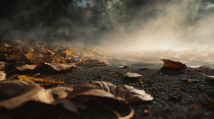 Fototapeta premium Close-up of fallen leaves covered in mist, creating a serene and moody atmosphere in a nature setting.