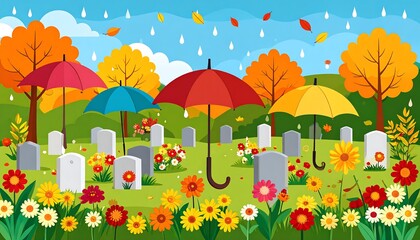 Fototapeta premium Autumn Rain Cemetery Scene.