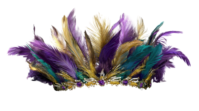Colorful feather crown adorned with jewels, perfect for celebrations and cultural events, isolated on white background.