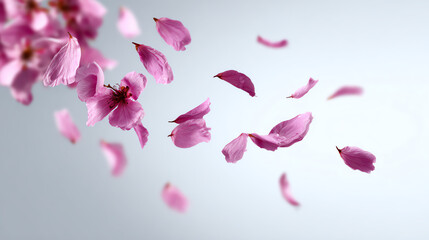 Delicate cherry blossom petals cascade gently, embodying beauty and tranquility in a serene environment.