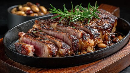 sliced grilled meat steak rib eye medium rare set on wooden serving board with white beans and rosemary in cast iron pan on black wooden table background no logos no brands ar 169