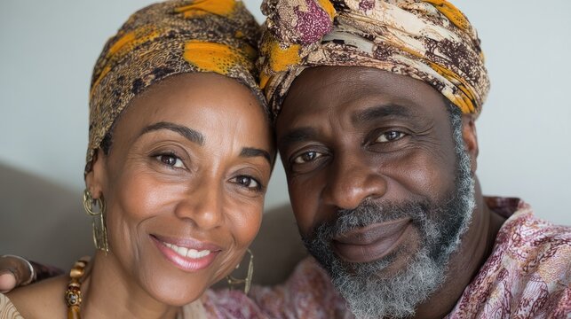 portrait of mid adult happy african american couple hugging at home while sitting on couch portrait of mature man with his woman wearing traditional turban looking at camera black mid adult couple n