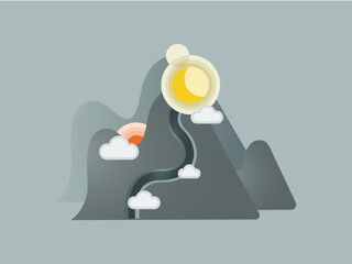 Flat vector illustration of a mountain view with sun, clouds, and river. Perfect for travel themes, backgrounds, posters, and web design.