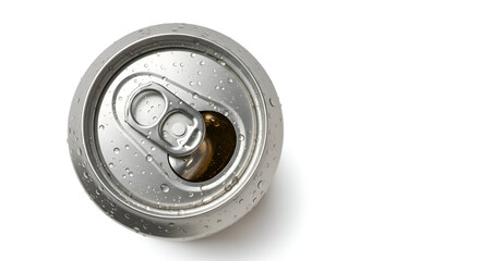 Opened aluminum beverage can with water droplets on its surface. Top view of a cold drink can with condensation.