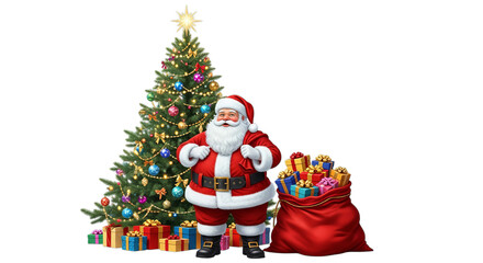 Santa Claus Posing by a Decorated Christmas Tree with Gift Bag