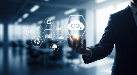 Businessman presents CO2 cloud and sustainability icons in a virtual hexagon interface above his hand