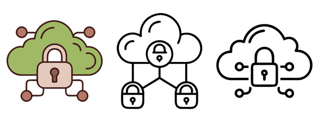 Obraz premium Cloud data security is presented in three unique simple line art styles