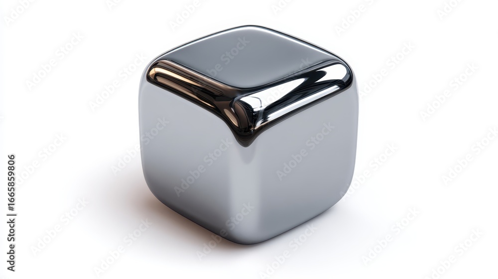 Poster polished metallic cube with rounded edges reflecting soft light, presenting minimalist design agains