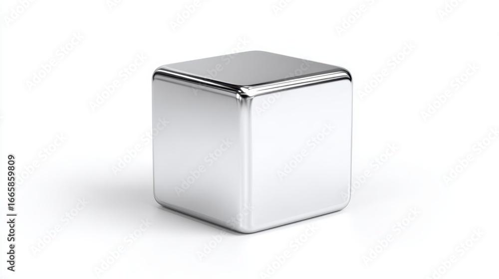 Poster chrome geometric cube balancing on pristine white surface, casting subtle reflections, embodying min