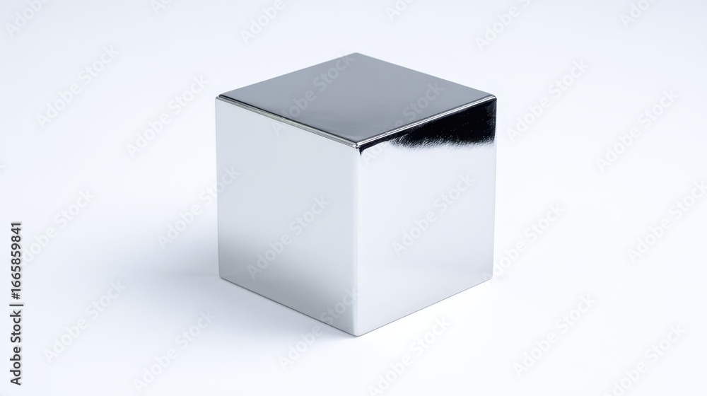 Poster chrome cube gleaming on white surface, reflecting sharp light rays and highlighting minimal geometri