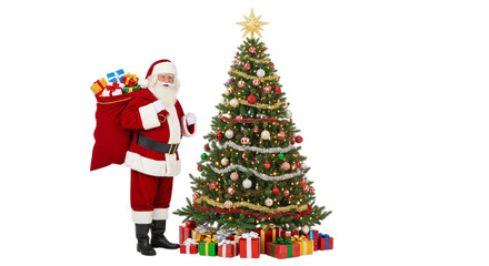 Naklejka premium Santa Claus Posing by a Decorated Christmas Tree with Gift Bag
