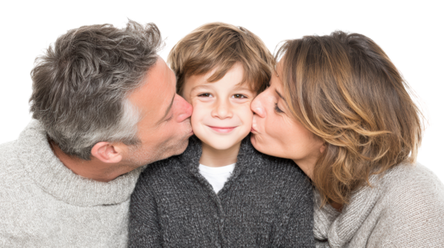Family affection, parents kissing son, joyful moment, white isolated background.
