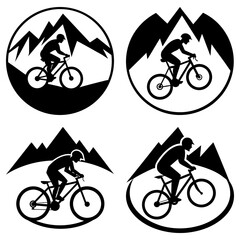 Obraz premium Four black and white mountain biking illustrations in circular and triangular frames showing cyclists 100