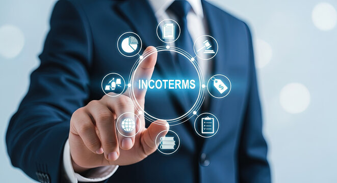 Businessman touches a digital interface displaying Incoterms and international trade related icons on a bright backdrop