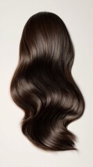 Obraz premium Brown hair extensions lying gracefully on a white background, forming soft, elegant waves that highlight the luxurious quality and rich texture of the hairpiece