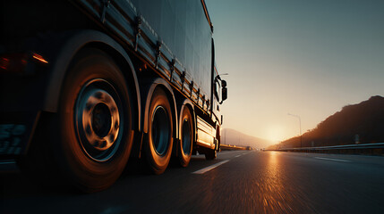 Dramatic Sunset Highway: Fast Moving Semi-Truck, Cinematic Logistics, Golden Hour Transportation