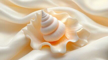 A white seashell with a spiral pattern rests on a white fabric.
