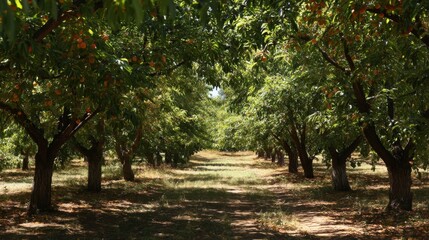 Naklejka premium Sunlit Apricot Orchard Rows in Summer