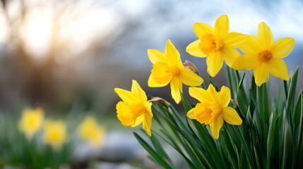 Vibrant daffodils bloom in spring, showcasing bright yellow petals against a blurred natural background, symbolizing renewal and beauty.