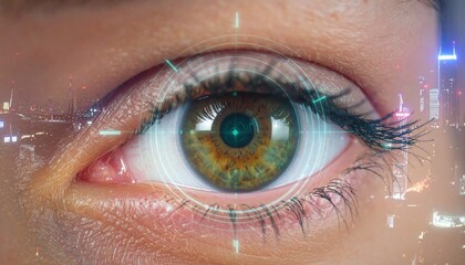 Futuristic concept of biometric scanning and augmented reality with a human eye overlaid with a digital interface reflecting a city skyline