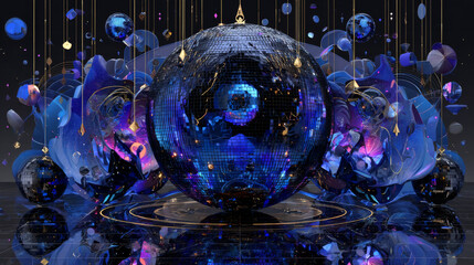 Flyer of disco party in pop art style. Decorative blue invitation with bomb explosive and abstract elements. Vector banner in a4 size.