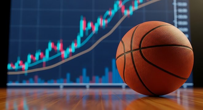 Orange basketball on wooden floor with financial chart - Powered by Adobe