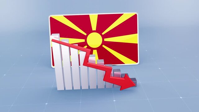 Macedonia Country Flag and Bar Chart Graph Showing Decreasing Values a Red Arrow Economic Crisis Concept
