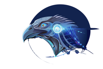 Futuristic mechanical eagle head with glowing blue cybernetic eye and laser beam