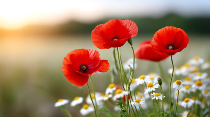 Fototapeta premium Vibrant red poppies bloom amidst delicate white daisies in a serene field, capturing the essence of nature's beauty at sunset.