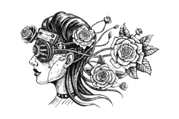 Intricate black and white abstract mechanical floral design with gears and roses