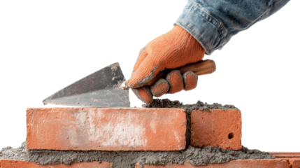 Hand holding trowel, laying bricks for construction, white isolated background.
