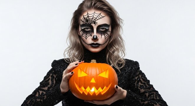 Spooky Halloween woman with pumpkin and spider web face paint - Powered by Adobe
