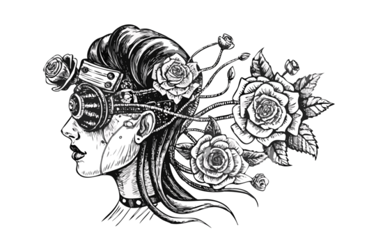 Intricate black and white abstract mechanical floral design with gears and roses
