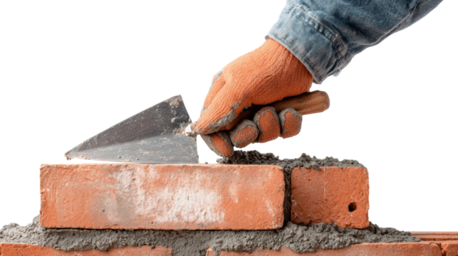 Hand holding trowel, laying bricks for construction, white isolated background. - Powered by Adobe