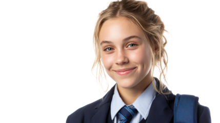 Happy student smiling with a backpack, wearing a school uniform, isolated on a white background.