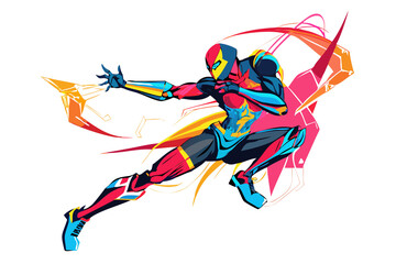 Dynamic abstract illustration of a superhero in a powerful action pose with vibrant colorful paint splashes against a black background