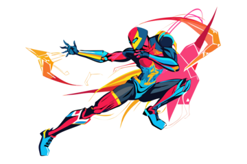 Dynamic abstract illustration of a superhero in a powerful action pose with vibrant colorful paint splashes against a black background
